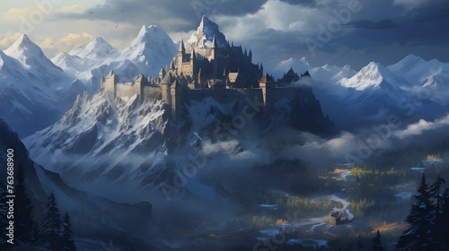 A remote mountain fortress perched on a craggy peak, its battlements illuminated by the soft glow of dawn, painting a breathtaking picture against the backdrop of snow-capped Alps. © Graphica Galore