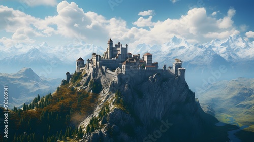 A sprawling fortress nestled amidst the breathtaking Alps, its ancient towers rising proudly against the azure sky, a testament to centuries of history and resilience.