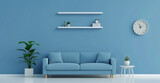 Minimalist blue living room with sofa, shelf and wall clock