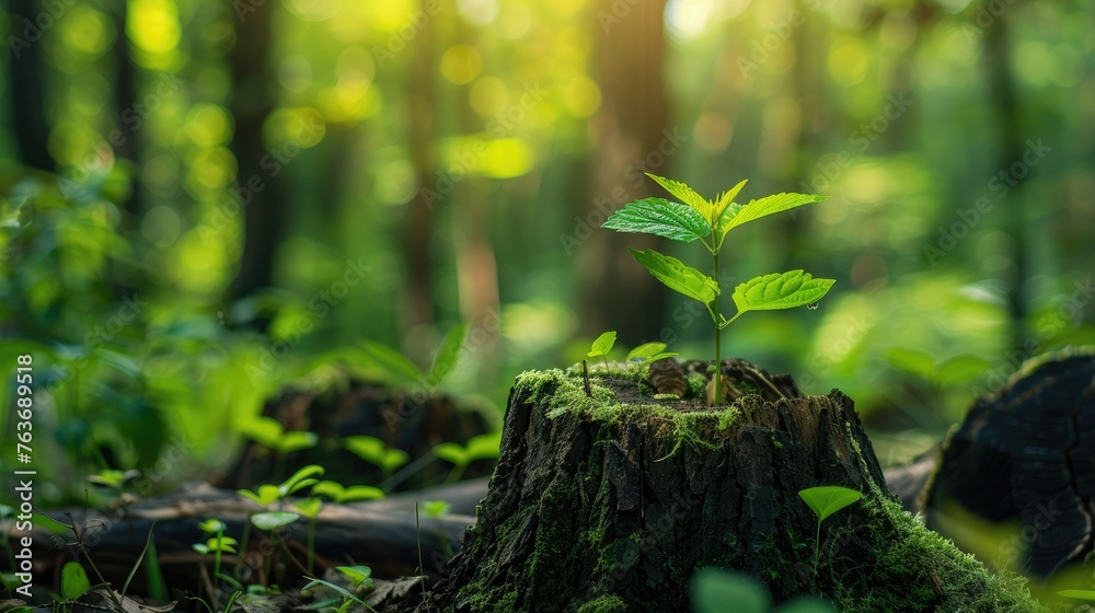 Green Plant Emerging From a Tree Stump in a Forest Green Plant Emerging From a Tree Stump in a Forest