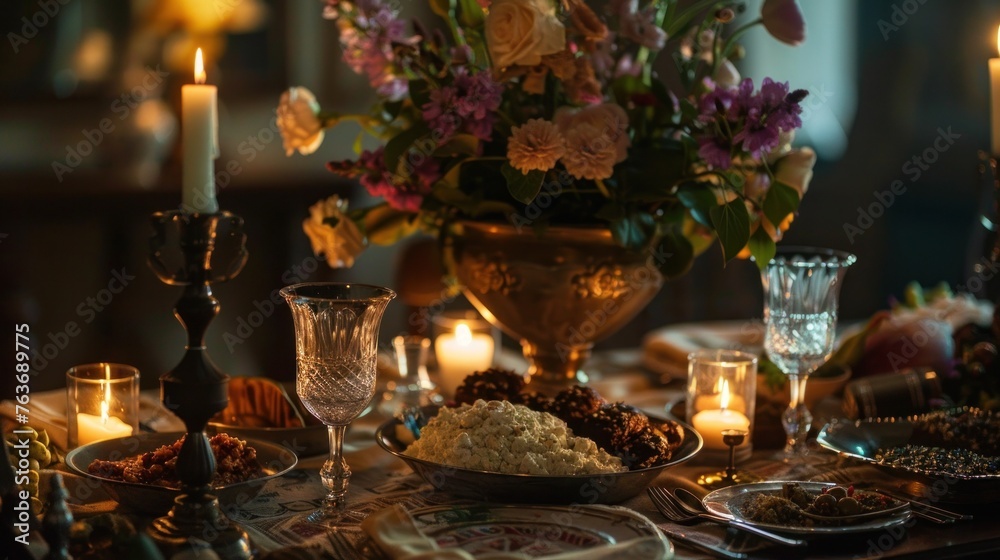Traditional Passover Seder. Table set with symbolic foods and ceremonial objects, illuminated by warm candlelight.