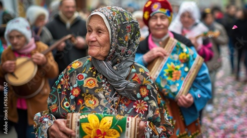 Orthodox Easter Celebration. Vibrant village procession with traditional music and flower petals. © Postproduction