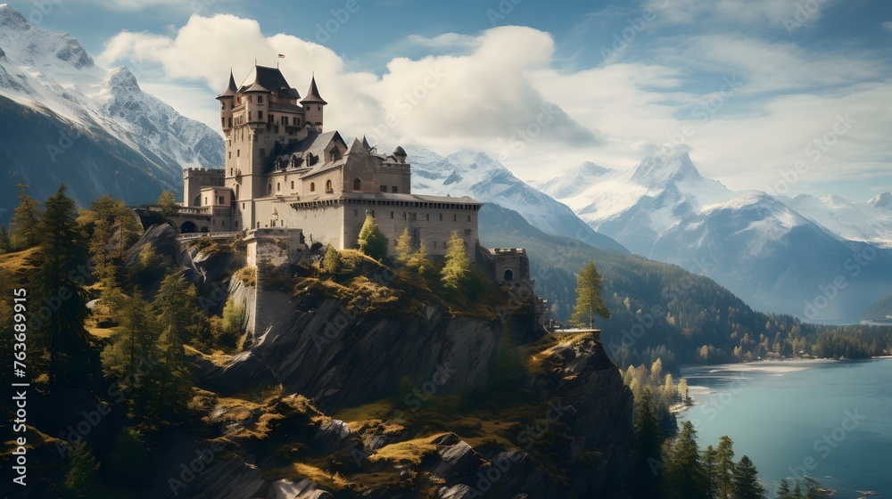 A timeless castle nestled amidst the rugged beauty of the Alps, its weathered stone walls bearing witness to centuries of tumultuous history, yet still standing strong against the test of time. - obrazy, fototapety, plakaty 