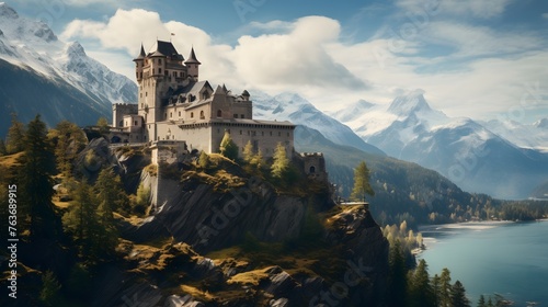A timeless castle nestled amidst the rugged beauty of the Alps, its weathered stone walls bearing witness to centuries of tumultuous history, yet still standing strong against the test of time.