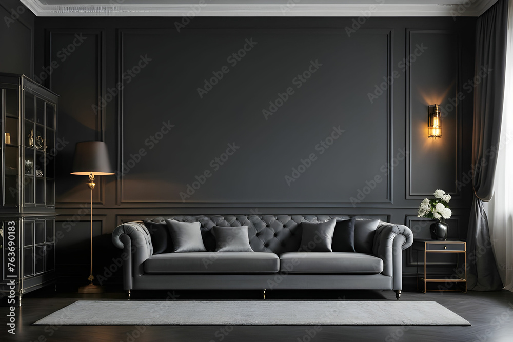 Real photo of grey sofa with pillows standing in dark living room interior with molding on wall, metal lamp, vintage cupboards and window with drapes Real photo of grey sofa with pillows standing in dark living room interior with molding on wall, metal lamp, vintage cupboards and window with drapes