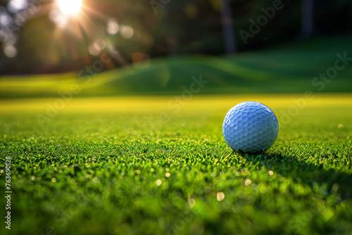 Golf ball on green grass on blurred sunset golf course landscape background. . Generation ai