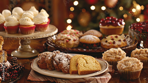 A table covered in an abundance of various desserts and muffins, creating a tempting display for indulgence.