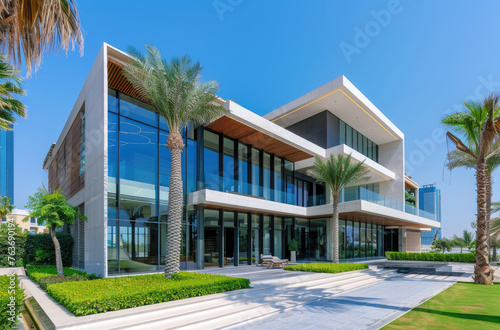 odern contemporary villa in Dubai, glass and concrete architecture with lush greenery, front view © Kien