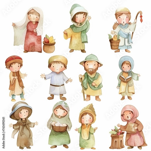 Adorable watercolor depiction of Biblical story characters in a playful child-friendly style