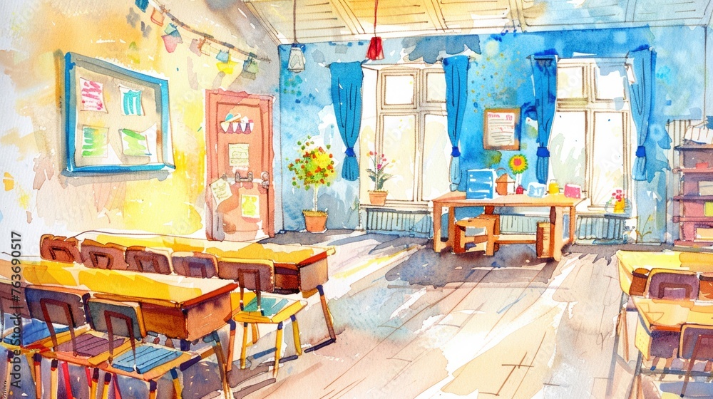 Watercolor art of a cheerful Christian Sunday school classroom filled with joy and learning Watercolor art of a cheerful Christian Sunday school classroom filled with joy and learning