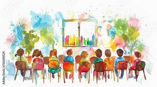 Watercolor art of a cheerful Christian Sunday school classroom filled with joy and learning photo