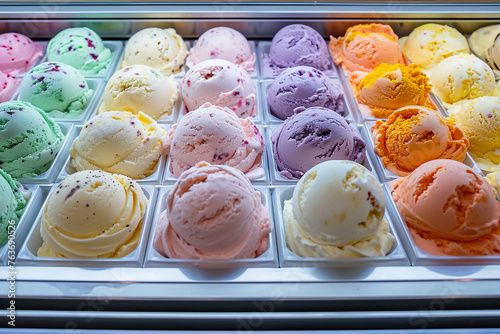 A display of ice cream in a store with many different colors © mila103