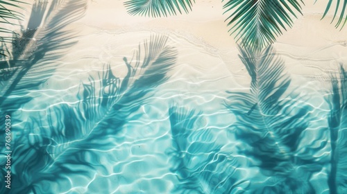 Tranquil Escape. A serene aerial view of a tropical palm tree shadow on a pristine beach.