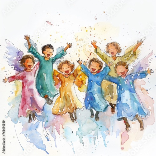 Whimsical watercolor of a church choir of children dressed in angelic robes