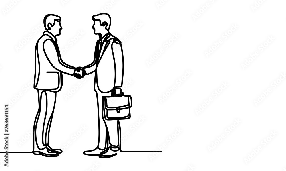one continuous black line drawing closeup businessmen handshake outline doodle vector illustration on white background