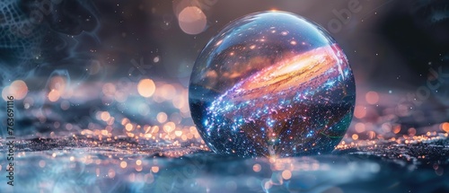 A close-up macro photograph of a bubble, with the surface reflecting an entire galaxy, blending the micro and macro cosmos,