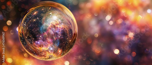 A close-up macro photograph of a bubble, with the surface reflecting an entire galaxy, blending the micro and macro cosmos,