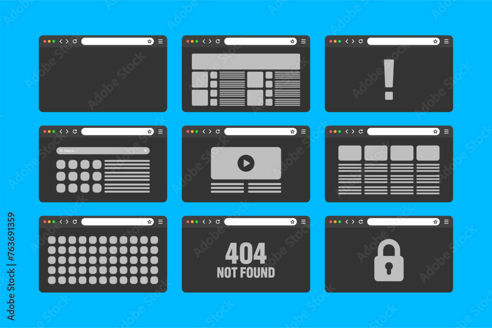 Web browser window, pages layout with toolbar and search field. Modern website, internet page in flat style. Browser mockup for computer, tablet and smartphone. Adaptive UI. Vector illustration Web browser window, pages layout with toolbar and search field. Modern website, internet page in flat style. Browser mockup for computer, tablet and smartphone. Adaptive UI. Vector illustration