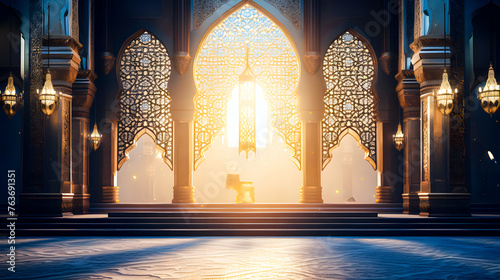 Ramadhan eid mubarak bakcground mosque praying hall with spiral pillars of stones and roof tiling illuminated with sunlight.	 photo