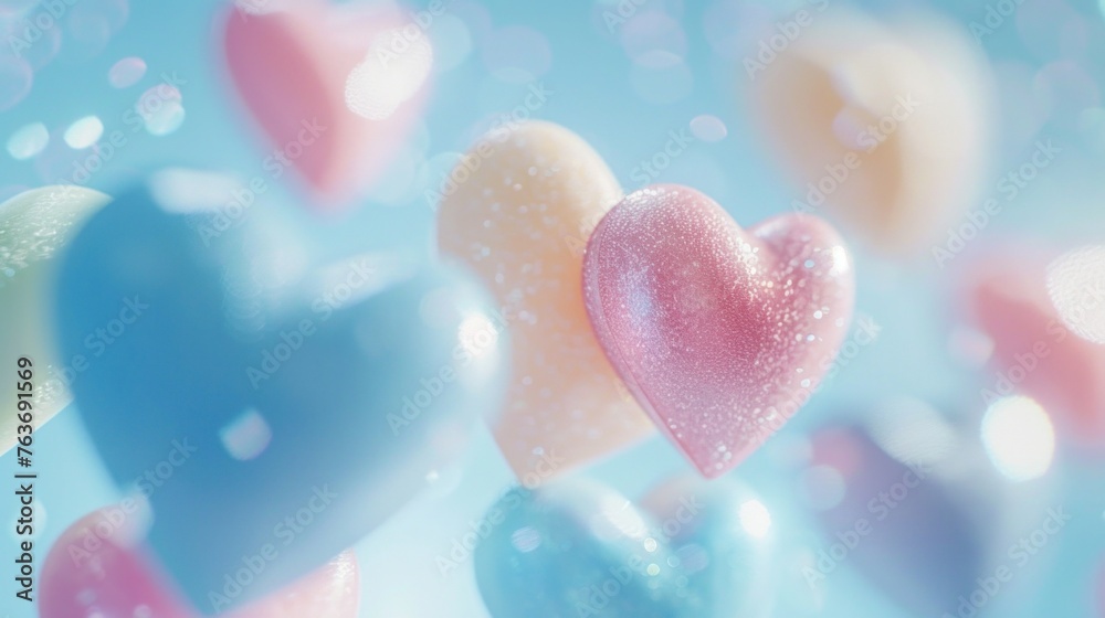 Candy pastel Valentine's Day romance with 3D hearts in delicate hues. Whimsy and enchantment for expressing love and affection.