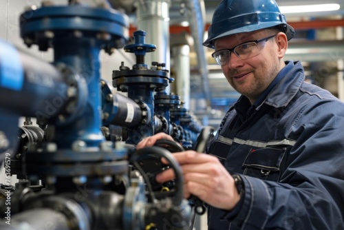 Skilled technician inspecting water pump valves in large industrial complex, ensuring efficient supply.
