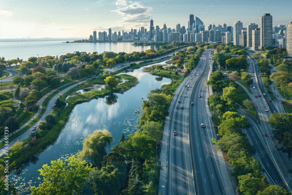 Obraz premium Picturesque lake garden bordered by a bustling highway and contemporary city skyline, showcasing an expansive vista and architectural details.