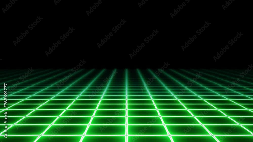 Retro-futuristic animation: a neon grid, evoking 1980s vaporwave aesthetics, glows green and moves towards the viewer. Strong energetic element, seamless loop.