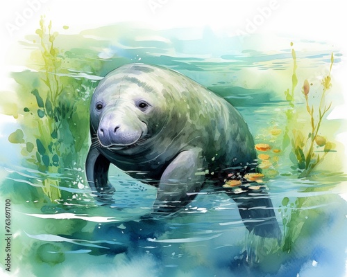 Manatee, water color, drawing, vibrant color, cute