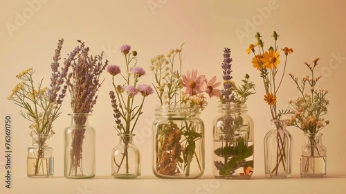 Serene herbal apothecary interior with glass jars filled with dry herbs and flowers.