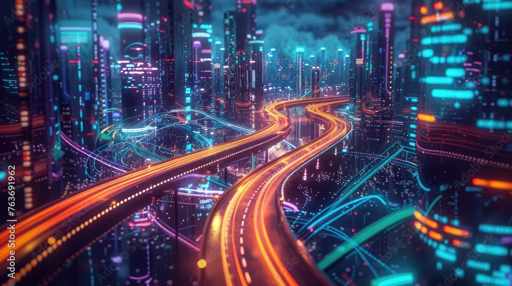 An abstract representation of the internet as a neon-lit city, with data streams flowing like traffic,