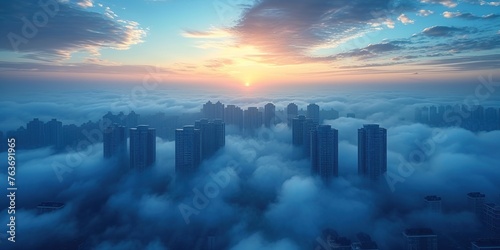 An aerial view of skyscrapers in the fog. Beautiful fog skyline. Calm atmosphere. Business wallpapers. Generative AI