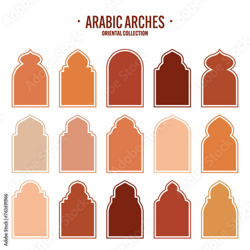 Islamic frames  oriental style objects. Arabic shapes  windows and arches. Traditional ornamental banner  frame. Muslim holidays  Ramadan Kareem. Modern eastern architecture. Vector illustration