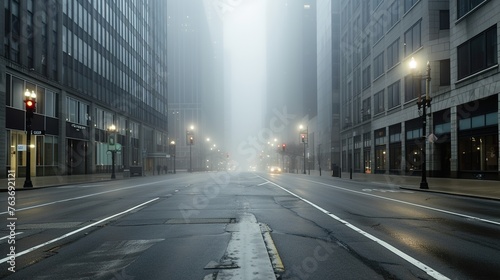 High quality photo of an empty street in thick fog. The atmosphere of danger, loneliness and mysticism. Generative AI © kovalovds