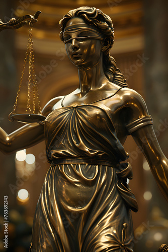 Closeup of the bronze statue of Themis, blindfolded goddess of justice holding the scales of law and a sword