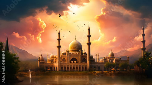 Mosque background for Ramadan and Eid Mubarak greetings. Beautiful sunrise Mosque with colorful clouds 