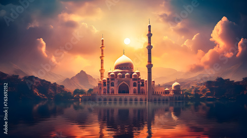 Mosque background for Ramadan and Eid Mubarak greetings. Beautiful sunrise Mosque with colorful clouds 