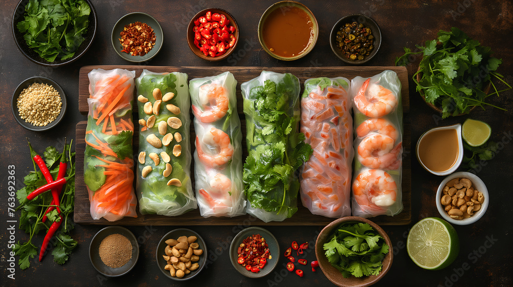 Goi Cuon Mosaic: Fresh Shrimp, Herbs & Veggies in Rice Paper