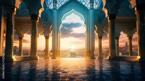 Ramadhan eid mubarak bakcground mosque praying hall with spiral pillars of stones and roof tiling illuminated with sunlight.	 photo