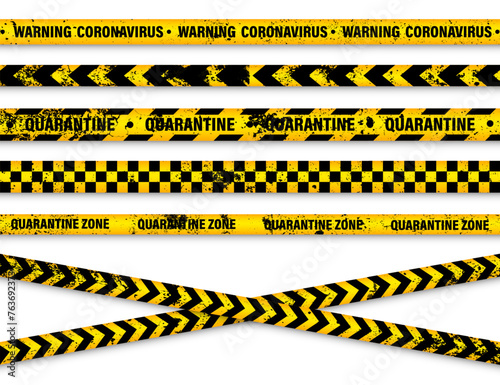 Old grunge quarantine zone warning tape. Novel coronavirus outbreak. Global lockdown. Yellow coronavirus danger stripe. Police caution line, restricted area. Construction tape. Vector illustration