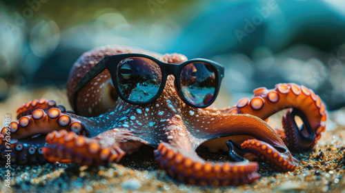 Funny octopus wearing sunglasses