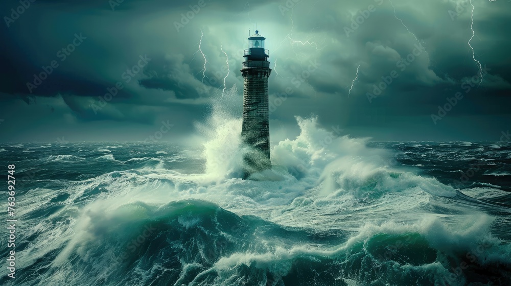 Majestic Lighthouse Standing Strong Amidst the Vast Ocean - obrazy, fototapety, plakaty 