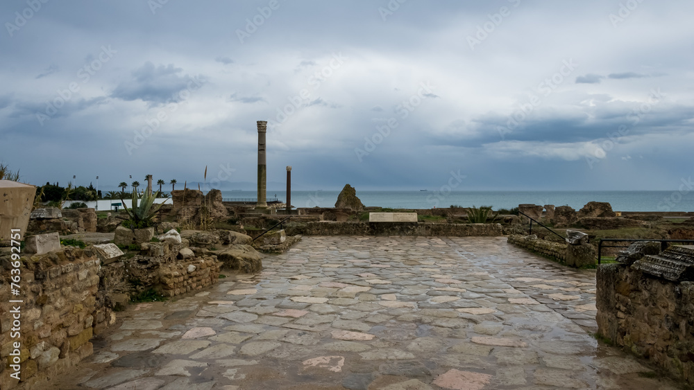 View of the Baths of Antoninus or Baths of Carthage, in Carthage, Tunisia, the largest set of Roman thermae built on the African continent and also one of the most important landmarks of Tunisia
