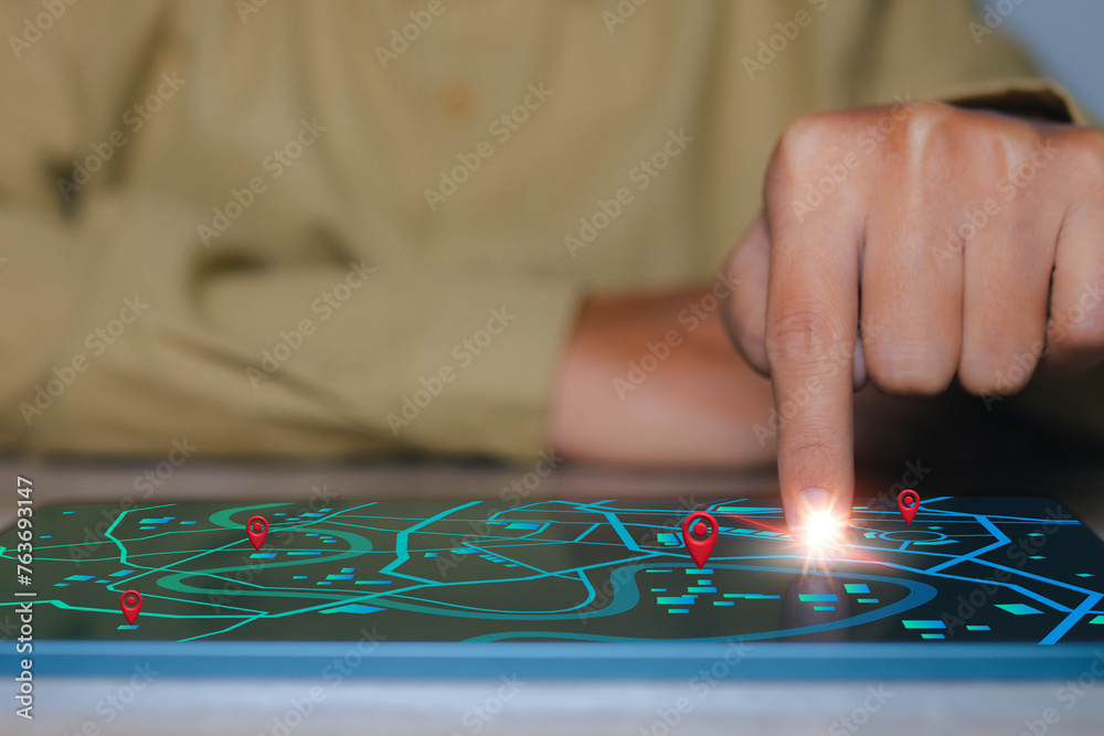 Naklejka premium Man using smartphone navigation location places icon map digital online.