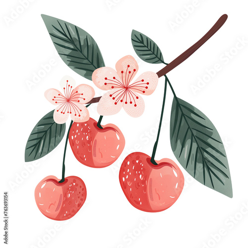 Three Cherries with Flowers Design on a Branch with Leaves Watercolor Transparent Graphic Clip Art