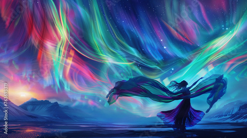 A dancer with flowing fabrics against a backdrop of the Northern Lightssuper detailed