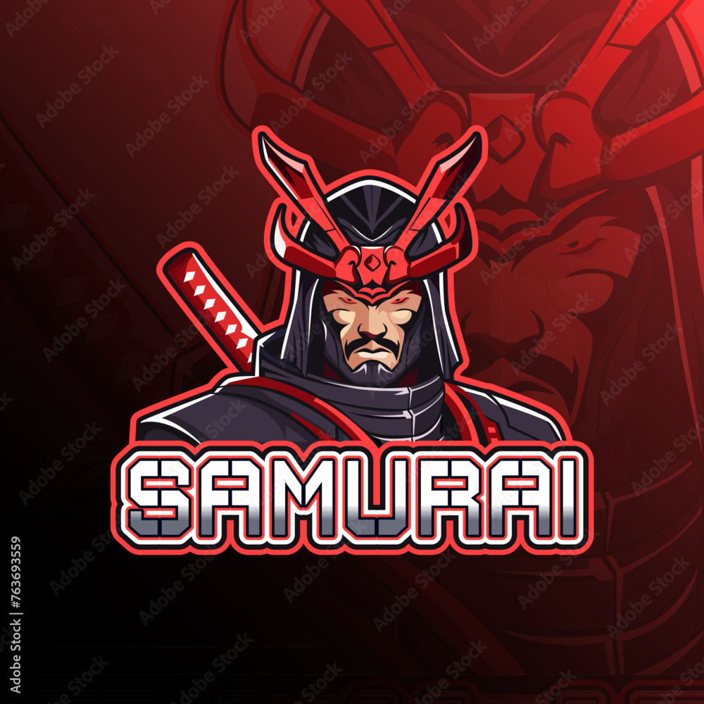Samurai with katana sword mascot logo design vector for badge, emblem, esport and t-shirt printing. Editable text