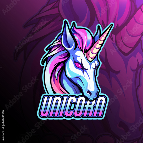 Unicorn mascot logo design vector for badge, emblem, esport and t-shirt printing. Editable text