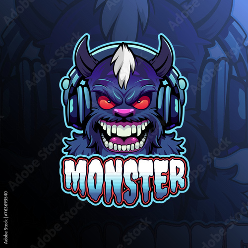 Monster with headphone mascot logo design vector for badge  emblem  esport and t-shirt printing. Editable text