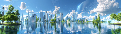 A virtual reality world showcasing an utopian society powered by clean energyultra HD photo
