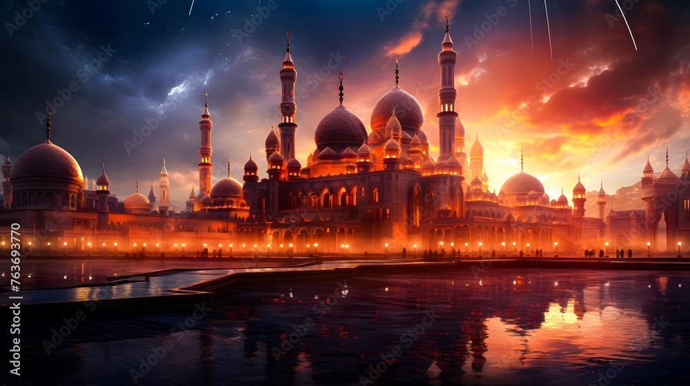 Mosque background for Ramadan and Eid Mubarak greetings. Beautiful sunrise Mosque with colorful clouds	
